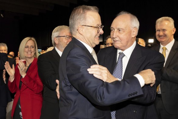Opposition Leader Anthony Albanese with former prime minister Paul Keating at the Labor Party campaign launch in Perth.