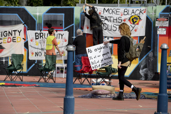 Activists prepare for a Black Lives Matter rally in Lismore. 