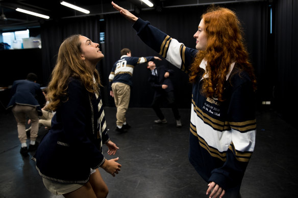 Mia Achhorner and Tahlia Glasser in the drama space at Reddam House in Bondi.