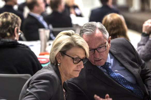 NSW Minister for Health, Brad Hazzard, with outgoing NSW Health secretary Elizabeth Koff in 2019.