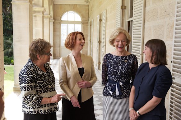 High Court chief justice Mary Gaudron, prime minister Julia Gillard, governor-general Quentin Bryce and  attorney-general Nicola Roxon after federal ALP government swearing in ceremony in 2011.  