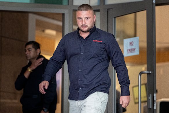Leavitt, a Bandidos bikie president and ex-CFMEU official, outside Melbourne Magistrates’ Court in March.