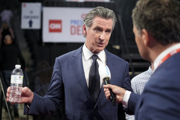 Gavin Newsom speaks during an interview in the spin room before a presidential debate between President Joe Biden and Republican presidential nominee and former president Donald Trump in Atlanta.