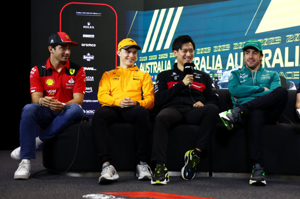 Oscar Piastri (second from left) at the official Formula 1 press conference on Thursday.