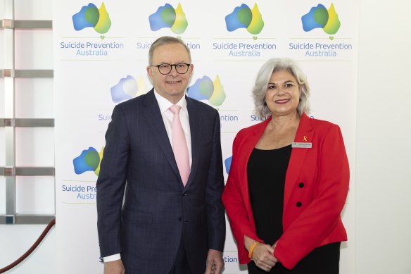Prime Minister Anthony Albanese and Suicide Prevention Australia chief executive Nieves Murray earlier this year.