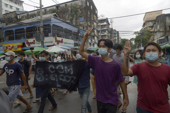 Anti-coup protesters during a demonstration against the military takeover, in Yangon, Myanmar, on Monday, May 24.