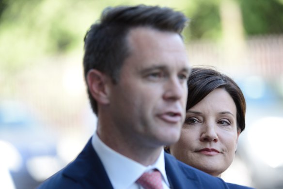 NSW Labor's transport spokesman Chris Minns and leader Jodi McKay at a bus depot at Waverley in Sydney's eastern suburbs on Thursday.
