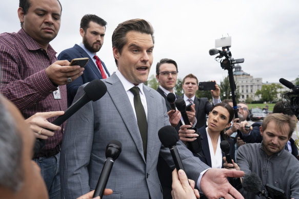 Republican Matt Gaetz talks to reporters just after House Speaker Kevin McCarthy’s last-ditch plan to keep the government temporarily open collapsed.