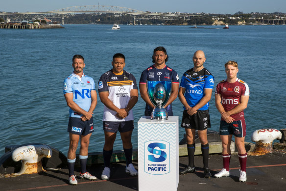 Waratahs captain Jake Gordon, Brumbies captain Allan Alaalatoa, Rebels captain Rob Leota, Force captain Michael Wells and Reds captain Tate McDermott at the Super Rugby Pacific season launch.