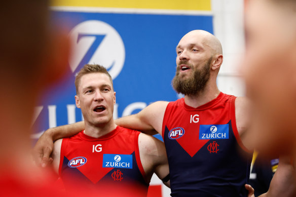 Tom McDonald and Max Gawn celebrate the Demons’ win over Geelong.