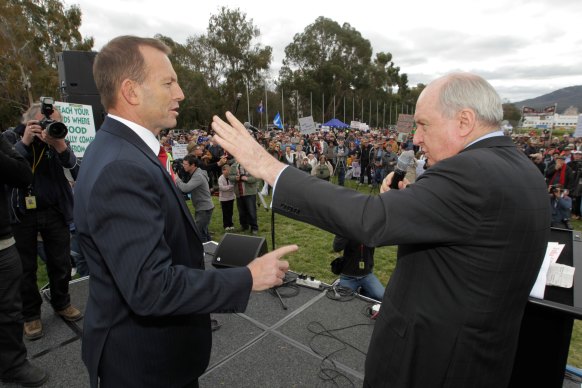 Opposition Leader Tony Abbott with broadcaster Alan Jones after he addressed a rally in Canberra.
