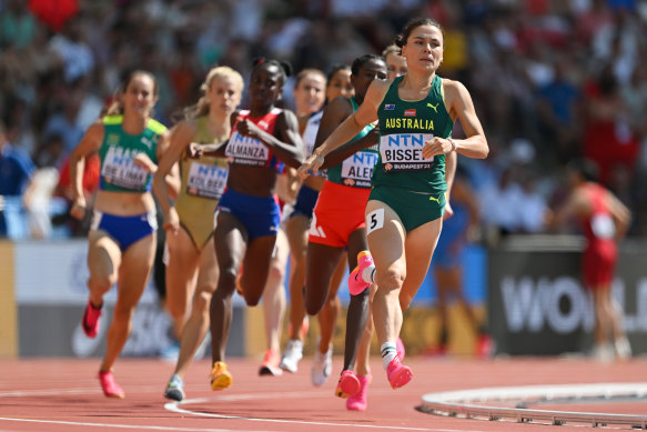 Australian Catriona Bisset leads the field in her women’s 800m heat at the world athletics championships in Budapest.