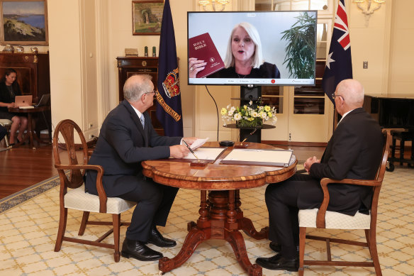 Then-prime minister Scott Morrison and Governor-General David Hurley at the swearing-in of Karen Andrews as home affairs minister in 2021.