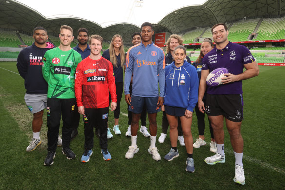 Marcus Rashford poses with a who’s who of the Melbourne sporting scene - minus any representatives from the sport he actually plays.