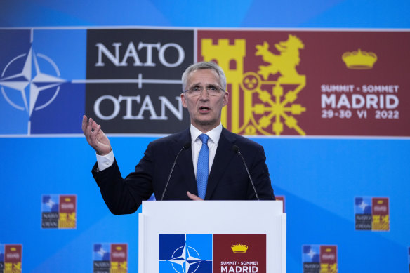NATO Secretary General Jens Stoltenberg talks during a news conference at the NATO summit.