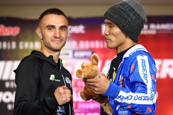 Jason Moloney and Vincent Astrolabio, who mocked his Australian rival with a toy kangaroo at the press conference for their WBO bantamweight world title fight.