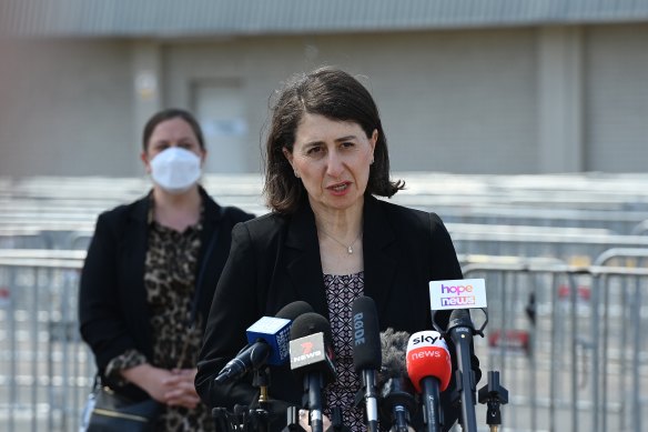NSW Premier Gladys Berejiklian during her COVID-19 update at the Glenquarie Town Centre in Macquarie Fields on Friday.