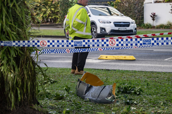 Debris from the helicopter crash on the Cairns Esplanade.