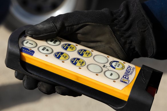 The remote used for steering the rear of the truck that carried the enormous turbine blade.