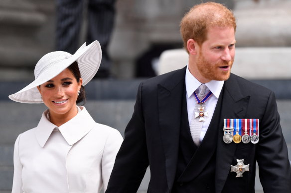 Prince Harry and Meghan, the Duke and Duchess of Sussex, attend a thanksgiving service in London for his grandmother’s Platinum Jubilee in June. 