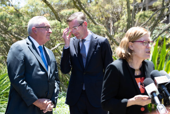 NSW Health Minister Brad Hazzard, Premier Dominic Perrottet and NSW Chief Health Officer Kerry Chant at a media  conference on Wednesday. 