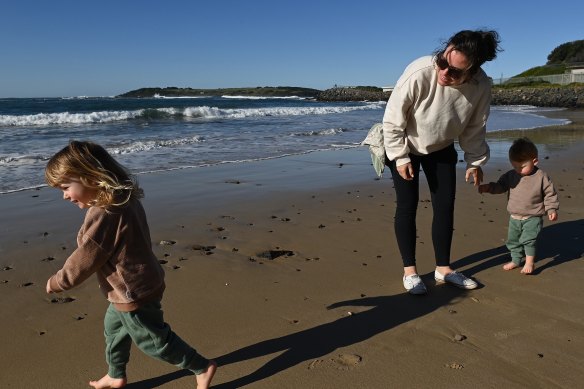 Shannon Sainty-Roach with her children Kip and Finn at Fishermans Beach, Port Kembla.