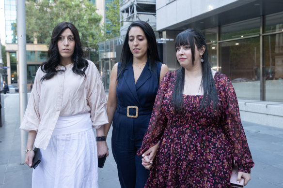 Nicole Meyer, Elly Sapper, and Dassi Erlich leaving County Court following the conviction of Malka Leifer.