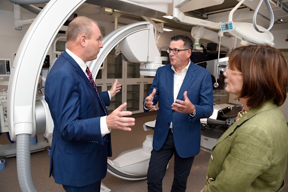Then-premier Daniel Andrews touring the Victorian Heart Hospital in 2023 with Health Minister Mary-Anne Thomas (right) and Professor Steve Nicholls.