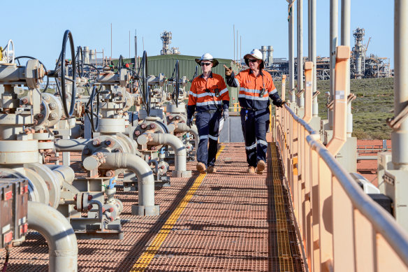 Technicians at Chevron’s carbon capture and storage project at the Gorgon LNG site on Barrow Island in 2020.