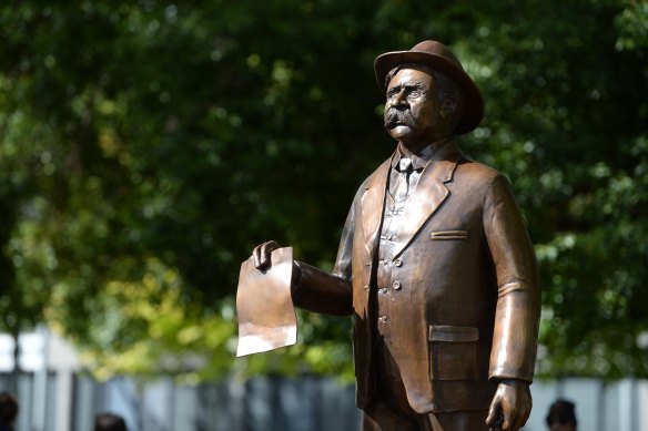 A statue of William Cooper brandishing a letter to the German consulate stands in Shepparton.