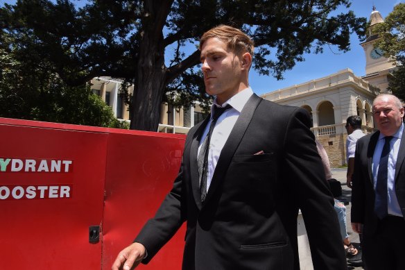 Jack de Belin departs the NSW District Court in Wollongong on Monday after a hung trial. 