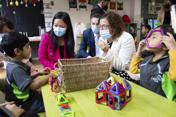 Labor candidate for Reid, Sally Sitou, Labor campaign spokesperson Jason Clare, and Shadow Minister for Early Childhood Education and Development Amanda Rishworth at Papilio Early Learning North Strathfield.