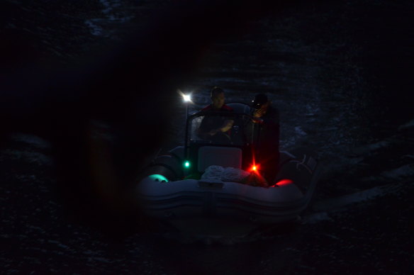 An inflatable boat, pictured leaving Australia on a night in early December 2016, was seized with 500kg of cocaine on board. 