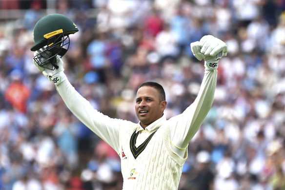 Usman Khawaja celebrates his century in the first innings.