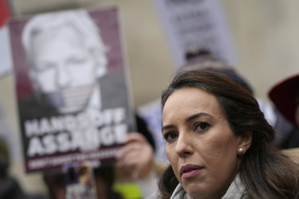 Julian Assange’s partner Stella Moris speaks outside the High Court in London this year.