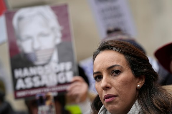 Julian Assange’s partner Stella Moris speaks outside the High Court in London this year.