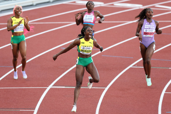 Jamaica’s Shericka Jackson celebrates after her blazing win in the women’s 200m.