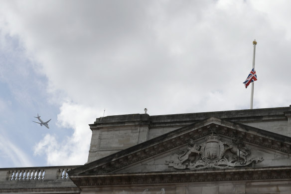 The Union flag hangs at half staff over Buckingham Palace in London, Friday, April 9, 2021.