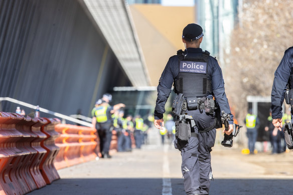 The police presence at the Melbourne Convention Centre on Saturday ahead of the Land Forces expo next week.