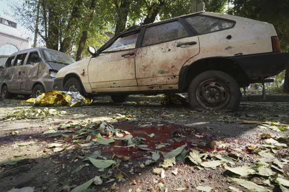 Blood on the ground where a person was killed in a Russian attack, Kharkiv, Ukraine.