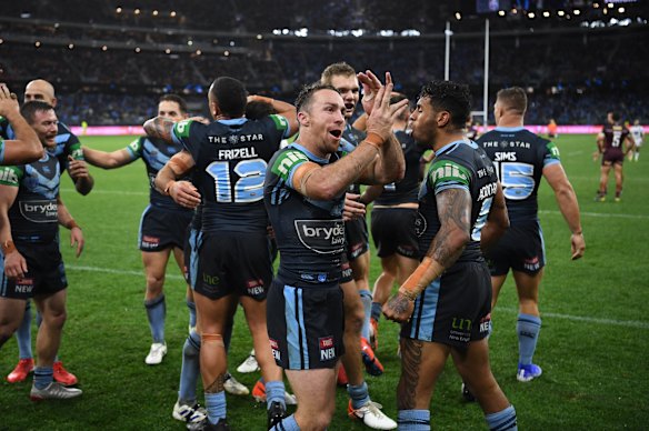 James Maloney celebrates the Blues’ Origin win at Optus Stadium in 2019. 