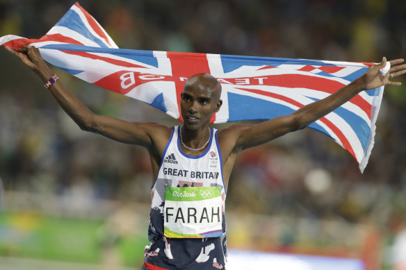 Mo Farah celebrates after winning the 10,000m gold medal for Great Britain at the 2016 Rio Olympics.