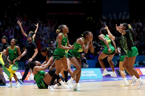 Jamaica celebrates their semi-final win over Australia.