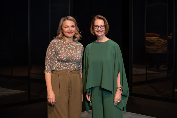 Julia Gillard (right) with Justine Clarke, who plays the former prime minister on stage.