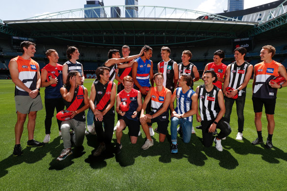 The Victorian first-round draft picks pose for a photo at Marvel Stadium on Thursday.