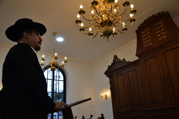 Baruch inside the synagogue, the only one in Indonesia.