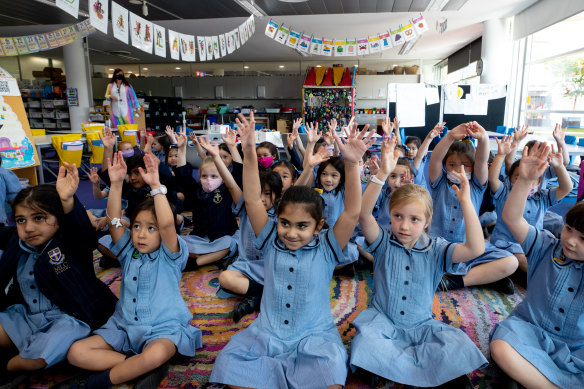 Kindergarten students arrive back to school at MLC Burwood.