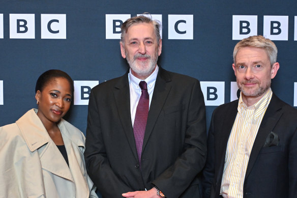 Actor Adelayo Adedayo, creator Tony Schumacher and Martin Freeman at the season 2 launch of <i>The Responder</i> in Liverpool.