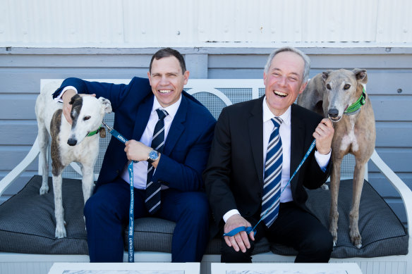 Morris Iemma (right) was appointed chairman of Greyhound Racing NSW in 2017. He is pictured with then-Greyhound Racing CEO Tony Mestrov.