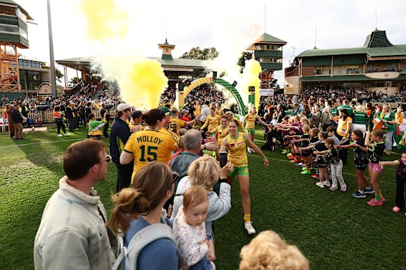 Jasmine Garner leads Australia out to play Ireland at North Sydney Oval.